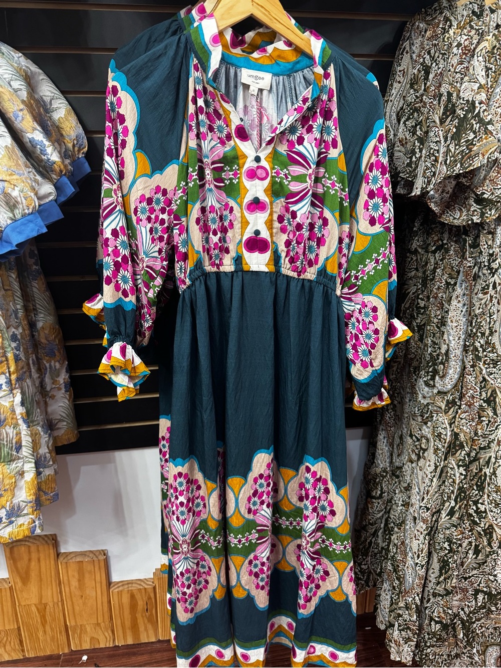 Umgee Teal Maxi Dress with Pink and Yellow Floral Print